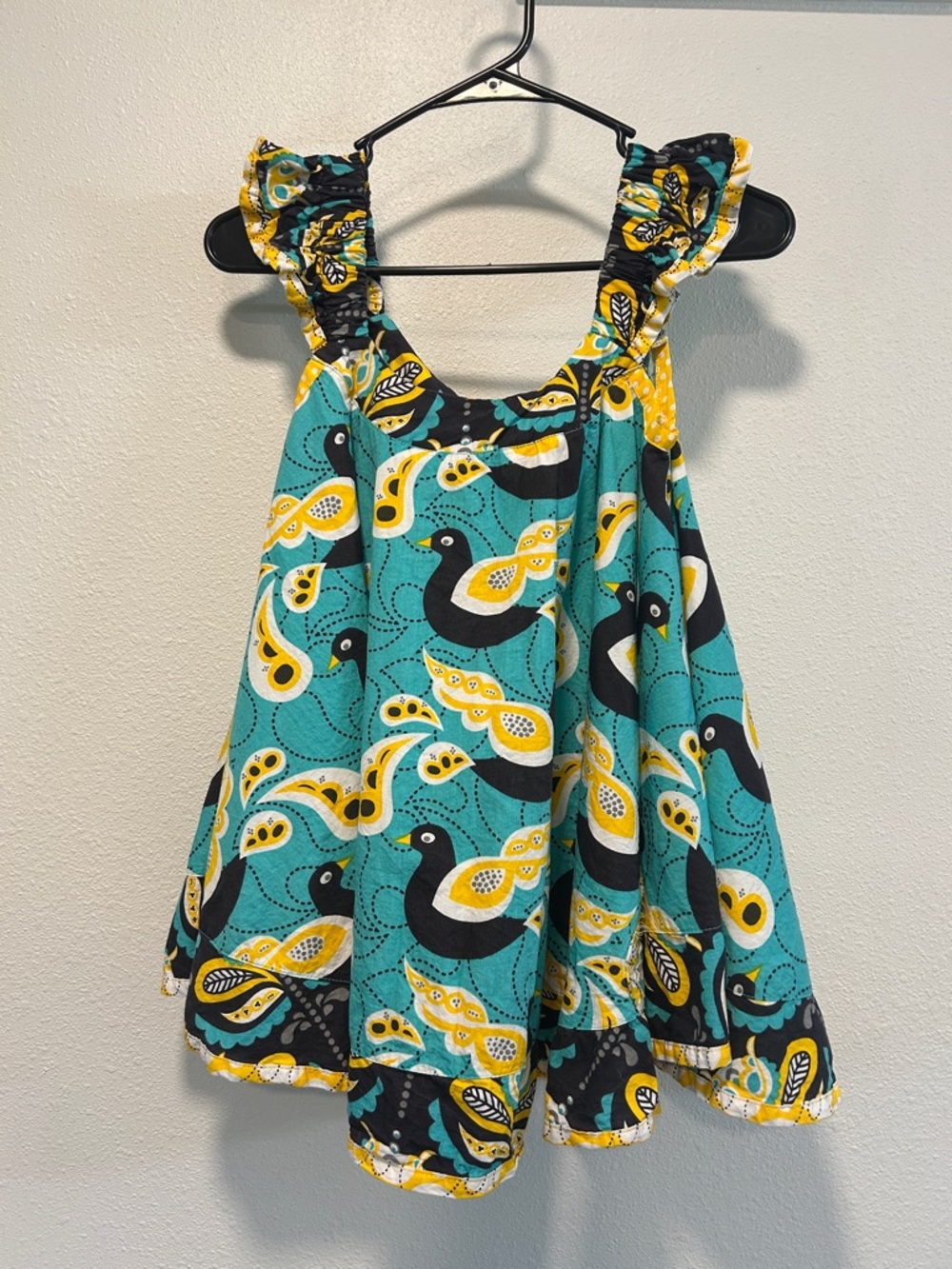 Jelly The Pug Teal, Yellow & Black Bird Print Dress